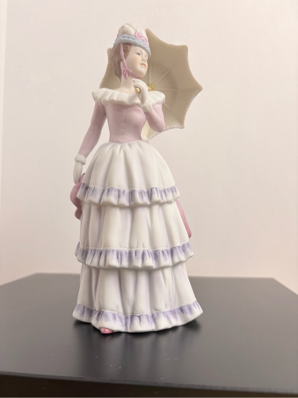 HOMCO Victorian Lady Bisque Porcelain Figurine Featuring Pink & Purple Accents